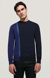 Men's pullover with jacquard tape - NAVY/DENIM | Bikkembergs
