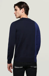 Men's pullover with jacquard tape - NAVY/DENIM | Bikkembergs