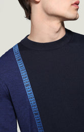 Men's pullover with jacquard tape - NAVY/DENIM | Bikkembergs