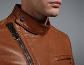 Men's fitted leather biker jacket - BROWN | Bikkembergs