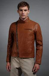 Men's fitted leather biker jacket - BROWN | Bikkembergs