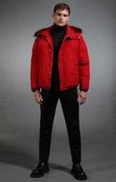 Men's red down jacket with fur trim collar - Full Price | Bikkembergs