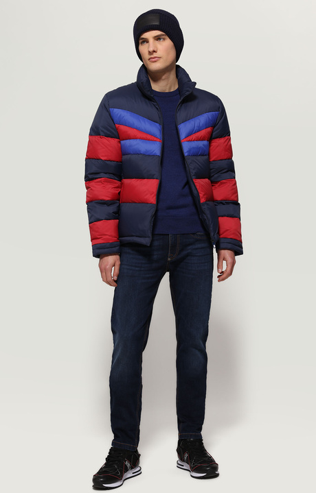 Men's puffer jacket with stripes , NAVY BLUE/RUMBARED/SURF THE WEB, hi-res-1
