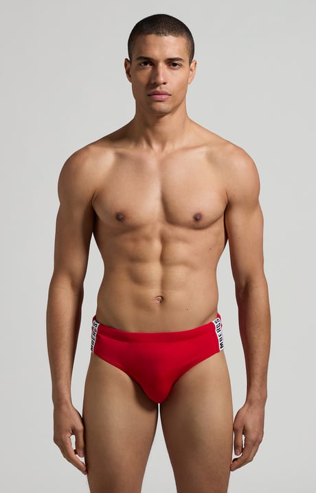 Men's swim briefs - tape on side, RED Men's swim briefs - tape on side, RED, hi-res-1