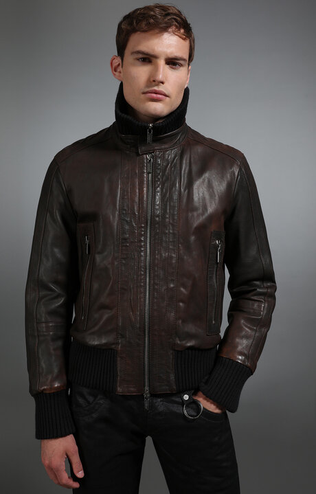 bikkembergs Brown Men's leather bomber jacket