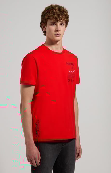 Slim fit men’s T-shirt with “Pioneer” print, FIERY RED Slim fit men’s T-shirt with “Pioneer” print, FIERY RED, hi-res-1