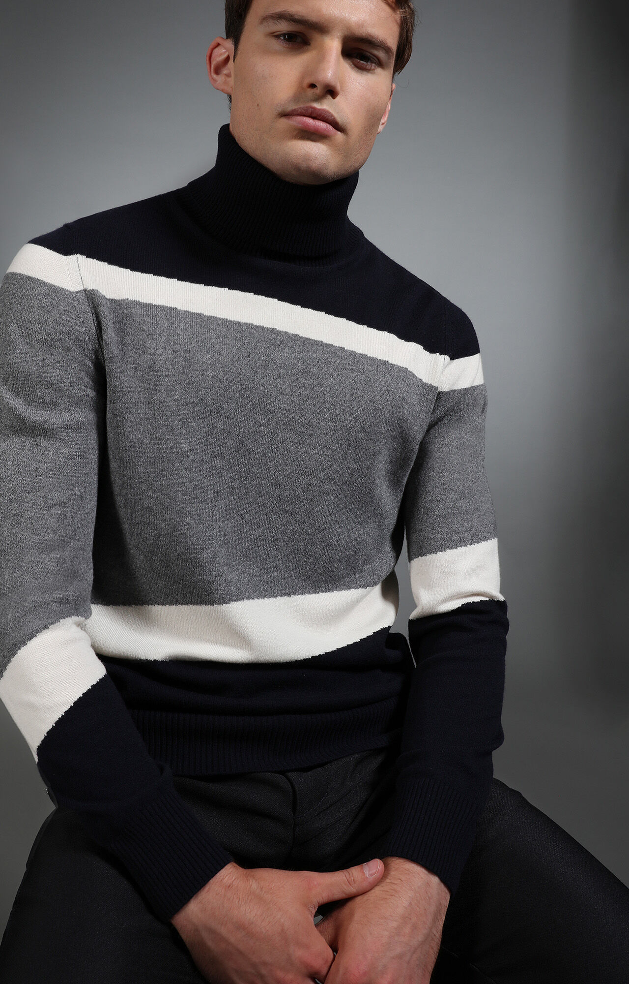 dirk bikkembergs Men's navy and grey intarsia turtleneck sweater