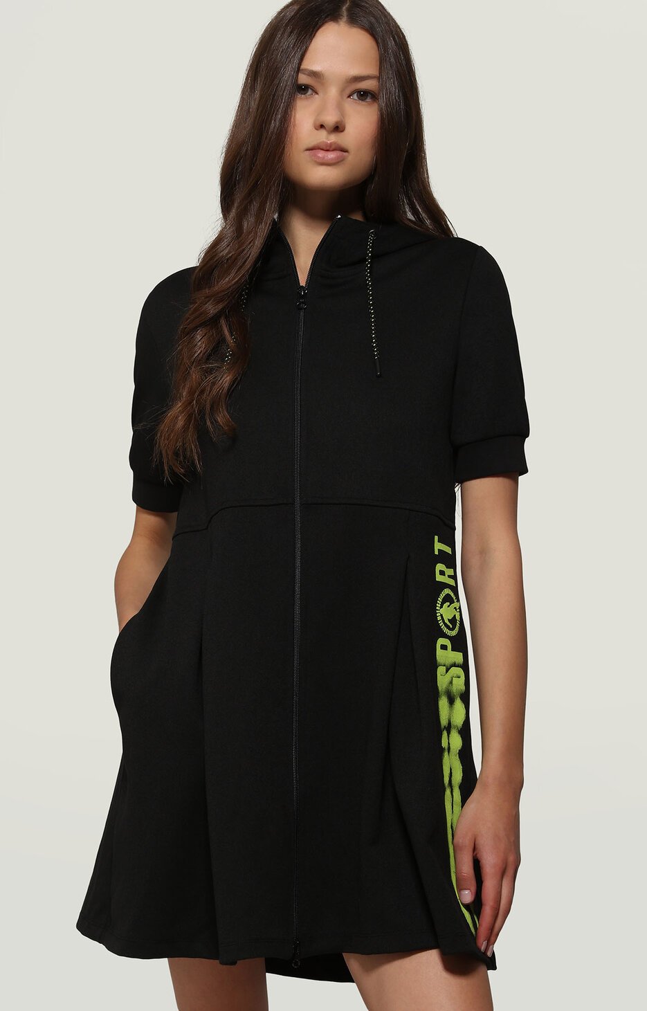 Fleece dress with zip and hood, BLACK Fleece dress with zip and hood, BLACK, hi-res-1