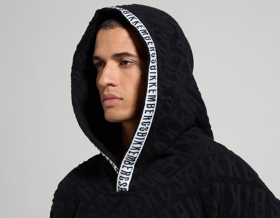 Men's jacquard terry hooded cape, BLACK Men's jacquard terry hooded cape, BLACK, hi-res-1