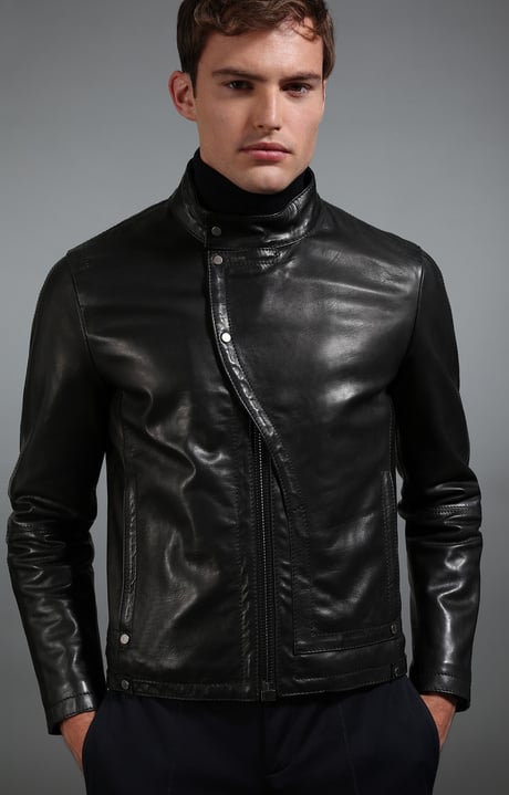 Men's black leather jacket, BLACK, hi-res-1