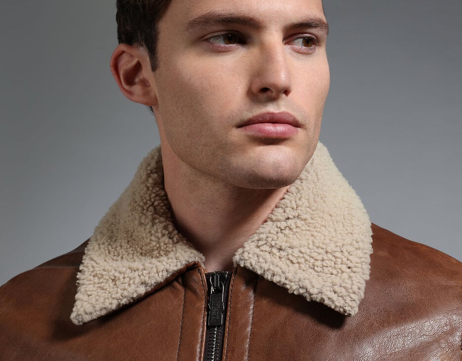 Men's leather zip front jacket, BROWN Men's leather zip front jacket, BROWN, hi-res-1