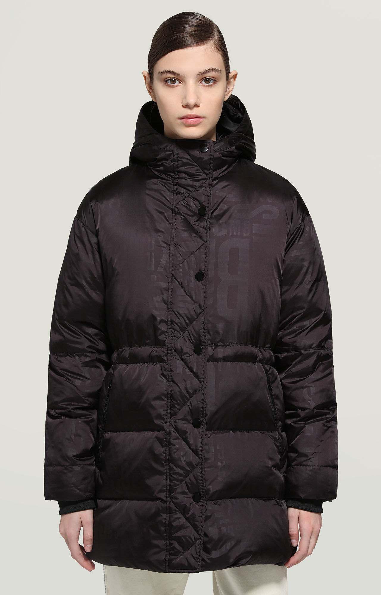 Black Women's long puffer jacket all-over print | Bikkembergs