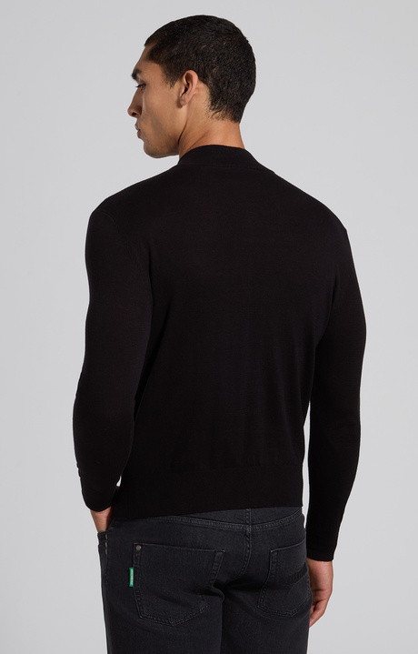 Men's black cotton and wool zip-up cardigan, BLACK, hi-res-1