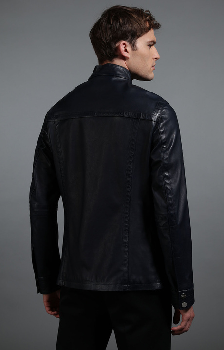 Men's navy leather field jacket, NAVY, hi-res-1