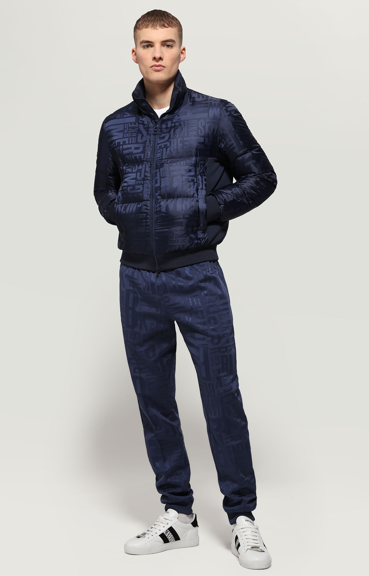 Blue Men's puffer jacket with all-over jacquard | Bikkembergs
