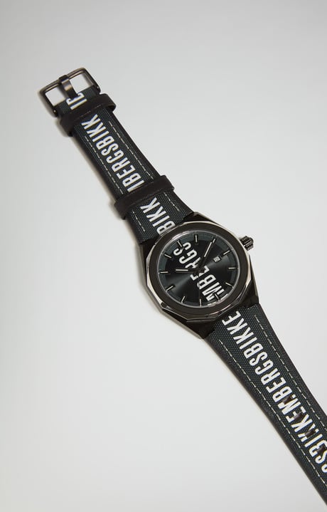 Watch with leather band, BLACK/WHITE Watch with leather band, BLACK/WHITE, hi-res-1