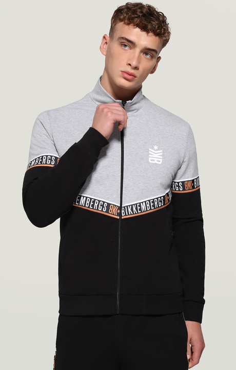 Men's sweatshirt with jacquard tape, GREY MELANGE/BLACK, hi-res-1