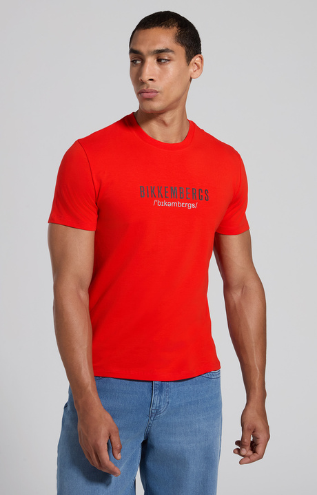 Men's red slim fit stretch jersey T-shirt with reflective print, FIERY RED, hi-res-1
