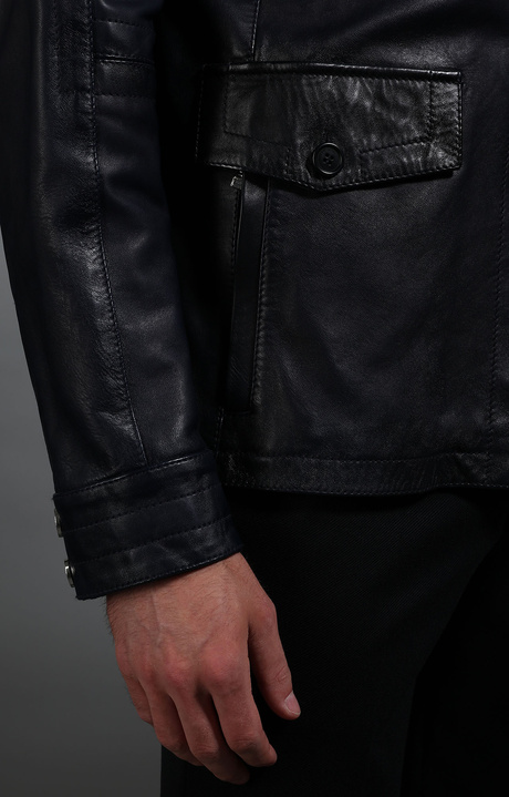 Men's navy leather field jacket, NAVY, hi-res-1