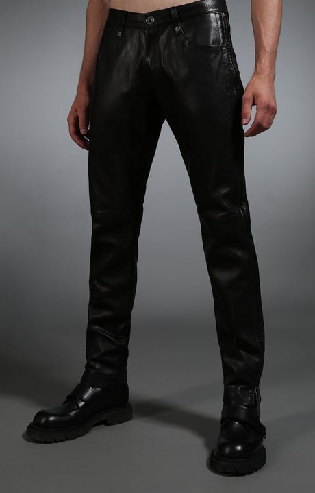 Men's black leather jeans, BLACK, hi-res-1