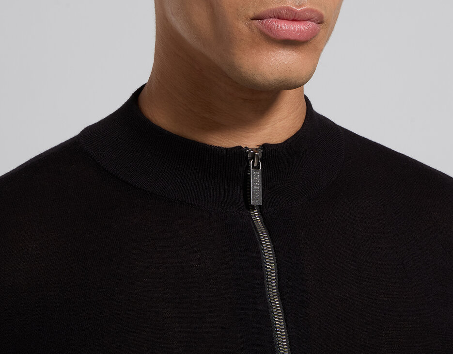 Men's black cotton and wool zip-up cardigan, BLACK, hi-res-1