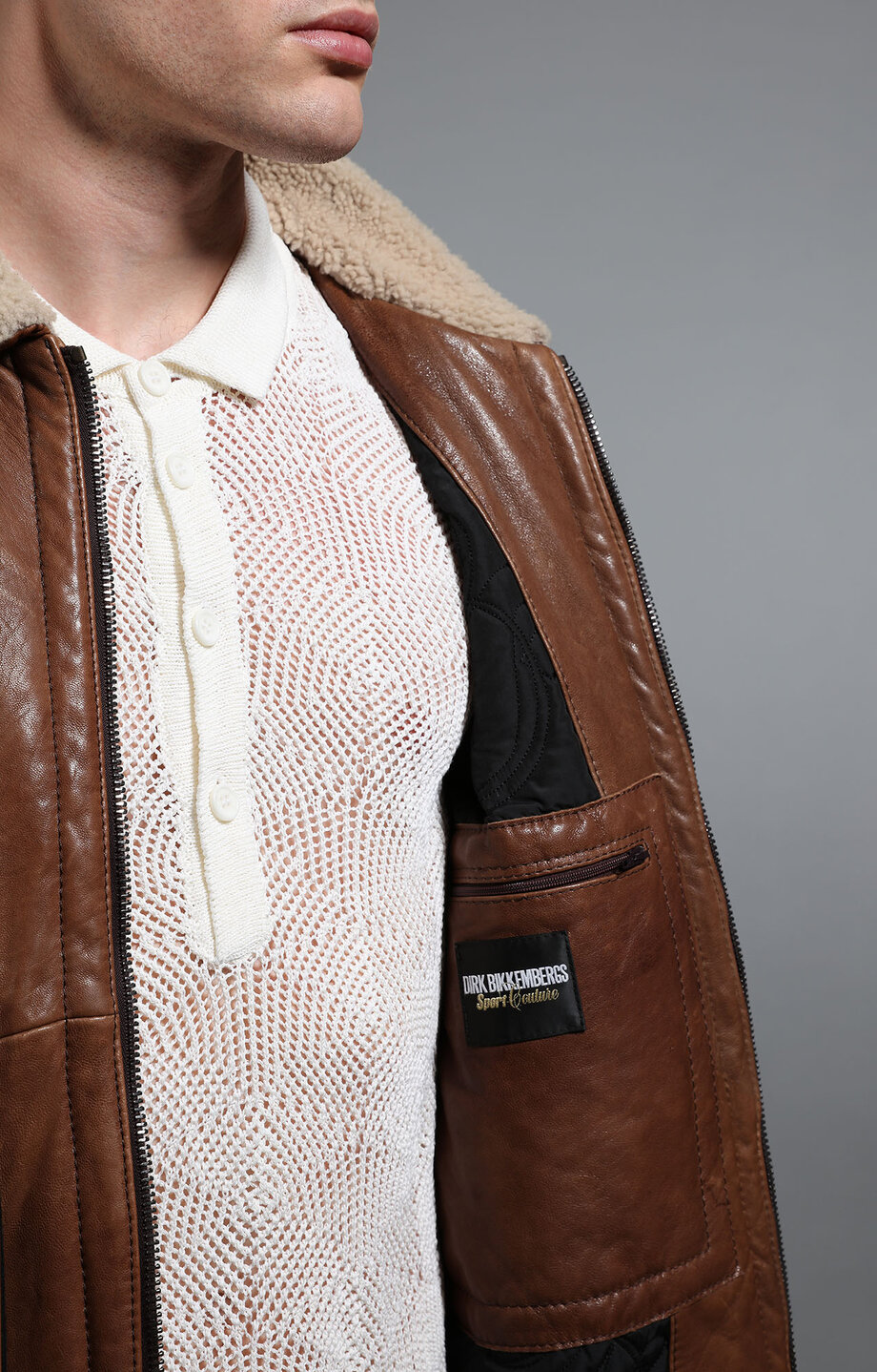 Brown Men's leather zip front jacket Bikkembergs