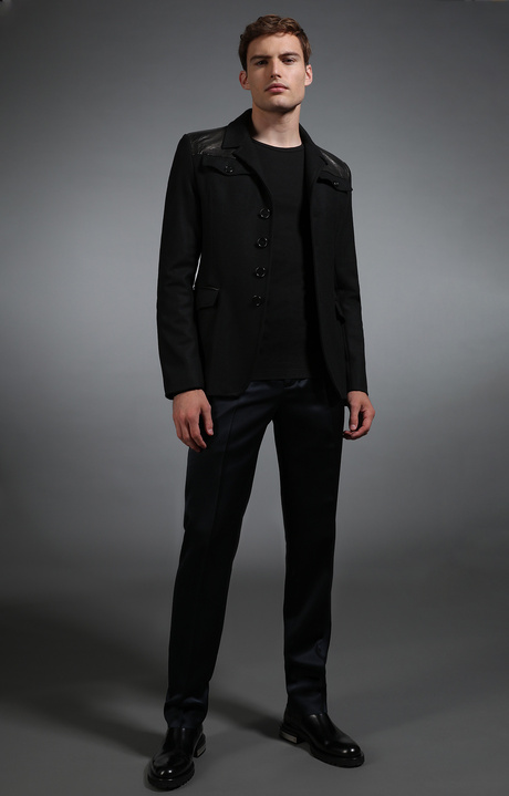 Men's black wool and leather military style jacket, BLACK, hi-res-1
