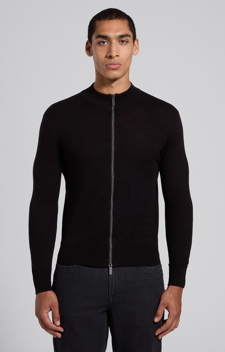 Men's black cotton and wool zip-up cardigan, BLACK, hi-res-1