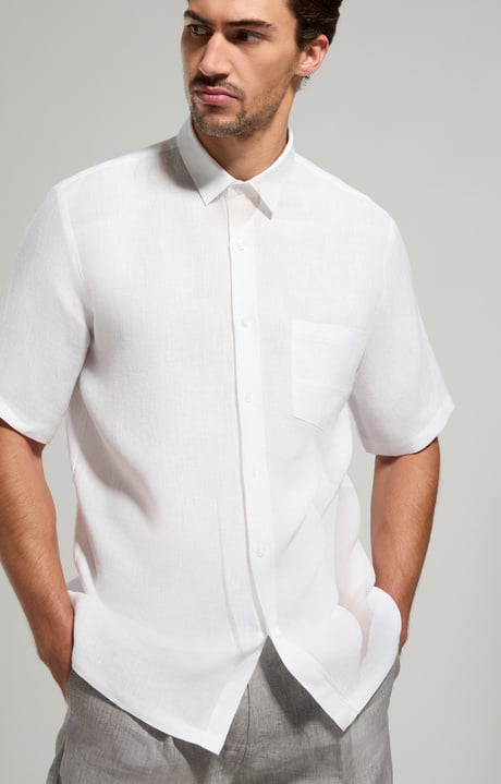 Camicia uomo in lino ricamato, OFF WHITE, hi-res-1