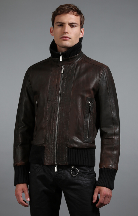 Men's leather bomber jacket, BROWN/BLACK, hi-res-1