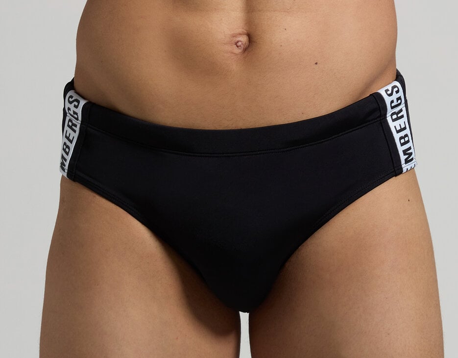 Men's swim briefs - tape on side, BLACK Men's swim briefs - tape on side, BLACK, hi-res-1
