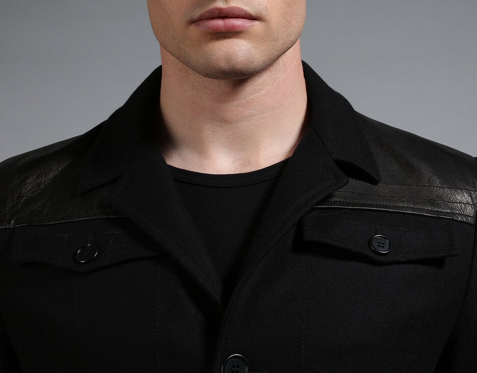 Men's black wool and leather military style jacket, BLACK Men's black wool and leather military style jacket, BLACK, hi-res-1