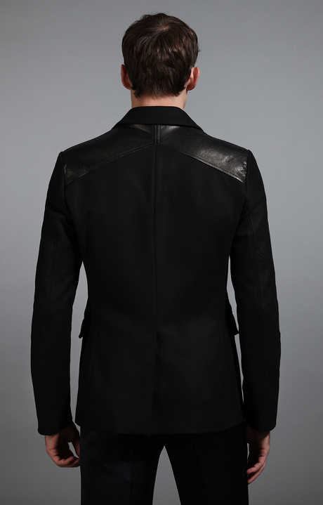 Giacca militare uomo in lana e pelle nera, BLACK, hi-res-1
