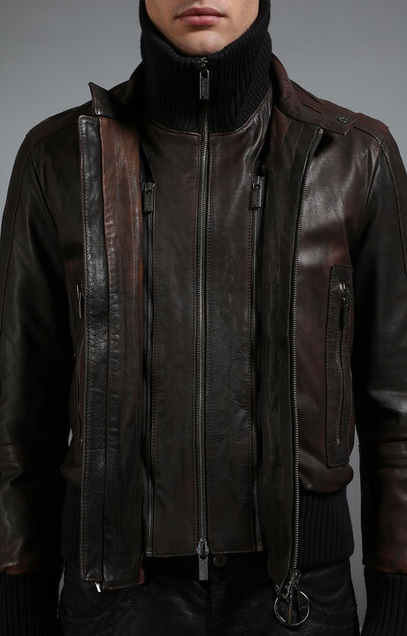 Men's leather bomber jacket, BROWN/BLACK, hi-res-1