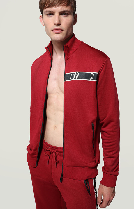 Men's zip sweatshirt with tape detail, RED, hi-res-1