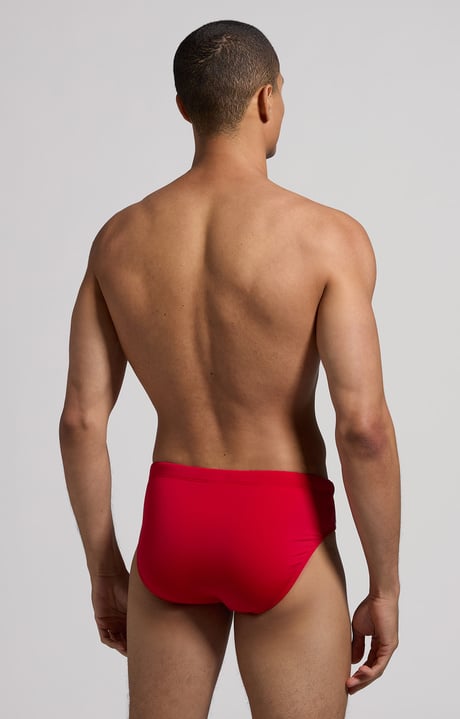 Men's swim briefs - tape on side, RED Men's swim briefs - tape on side, RED, hi-res-1