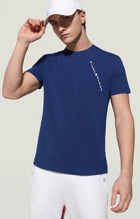 bikkembergs Men's Blue T-shirt with print on back