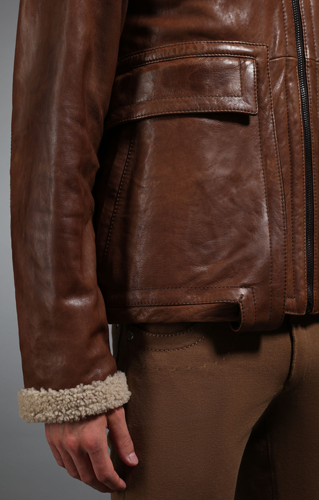 Men's leather zip front jacket, BROWN, hi-res-1