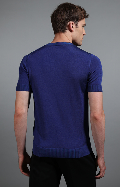 T-shirt uomo blu maglia jacquard, BLUE, hi-res-1