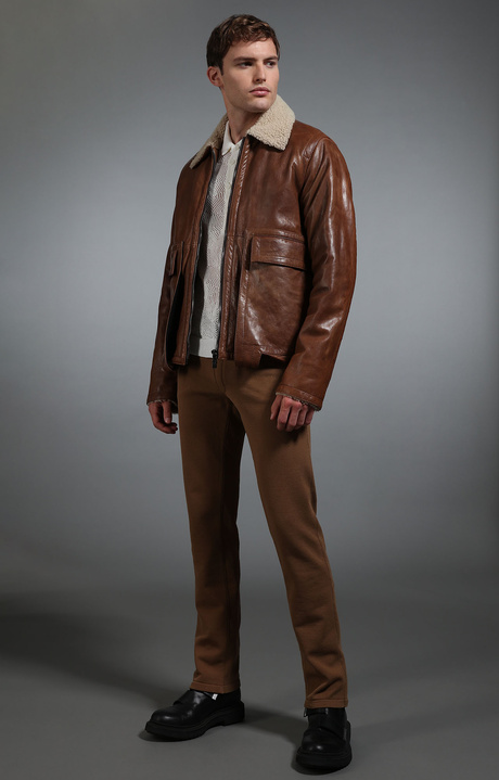 Men's leather zip front jacket, BROWN, hi-res-1