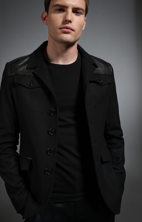 Men's black wool and leather military style jacket, BLACK, hi-res-1