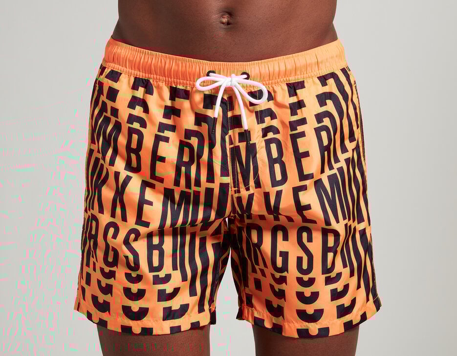 Men's boardshorts with all-over logo, ORANGE FLUO Men's boardshorts with all-over logo, ORANGE FLUO, hi-res-1