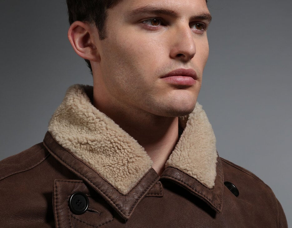 Men's full-length sheepskin coat, BROWN Men's full-length sheepskin coat, BROWN, hi-res-1