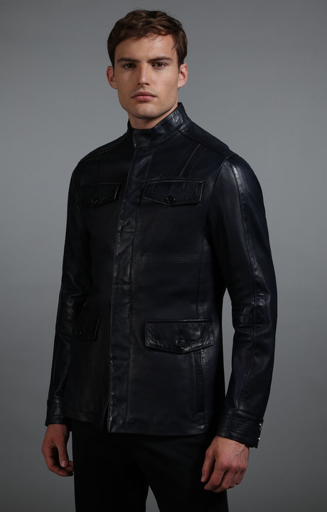 Men's navy leather field jacket, NAVY, hi-res-1