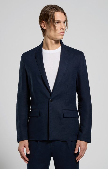 Slim fit men's jacket in linen, BLACK IRIS, hi-res-1