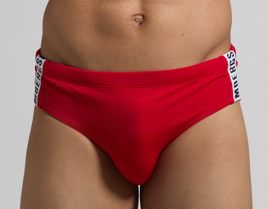 Men's swim briefs - tape on side, RED Men's swim briefs - tape on side, RED, hi-res-1