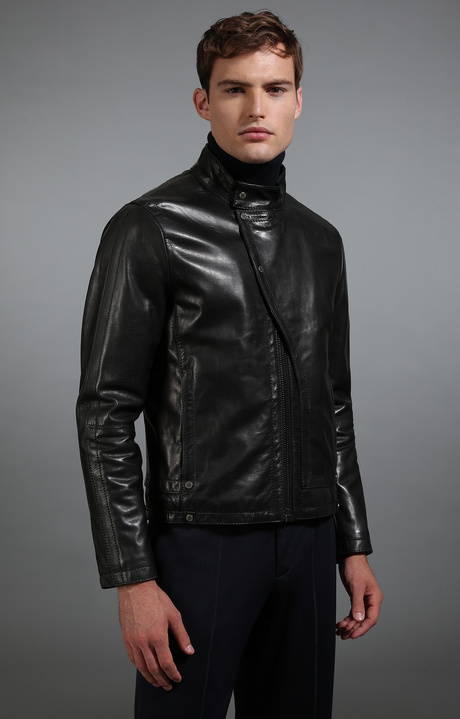 Men's black leather jacket, BLACK, hi-res-1