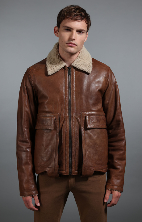 Men's leather zip front jacket, BROWN, hi-res-1