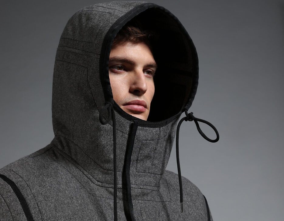 Men's grey wool coat with black details, GREY Men's grey wool coat with black details, GREY, hi-res-1