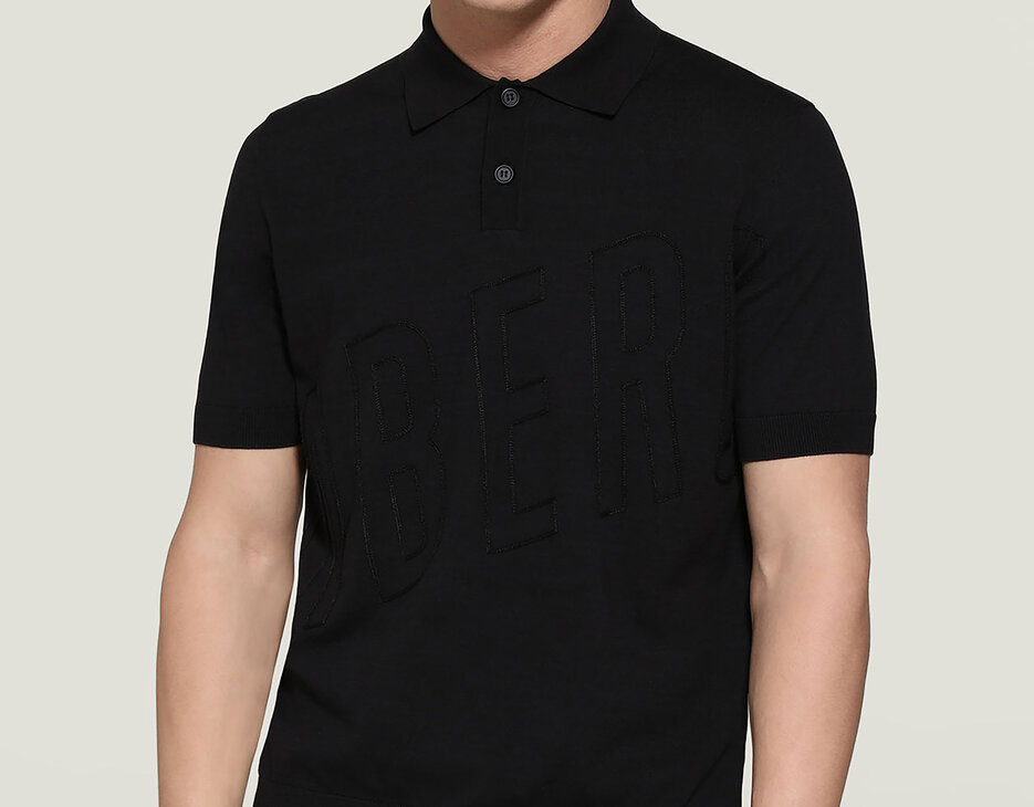 Men's knit polo shirt with embroidery, BLACK Men's knit polo shirt with embroidery, BLACK, hi-res-1